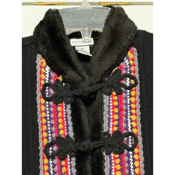 Boho Mythology Black Wool Vest with Embroidered Trim, Size M - Picture 3 of 5